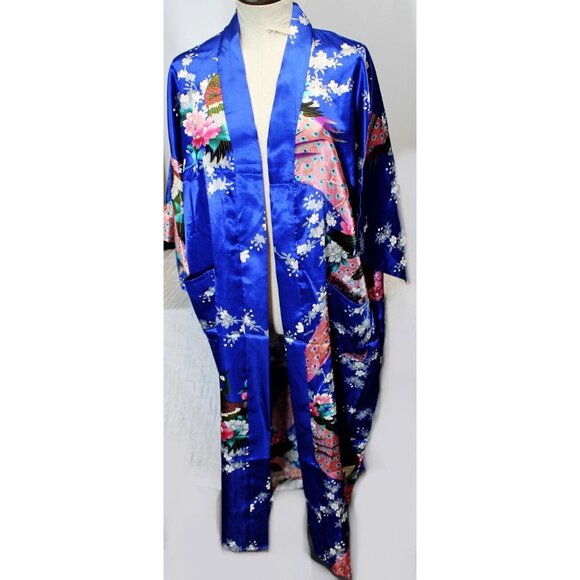 Blue Satin Japanese Kimono Style Floral Peacock Womens M Short Tie Robe - Picture 1 of 12
